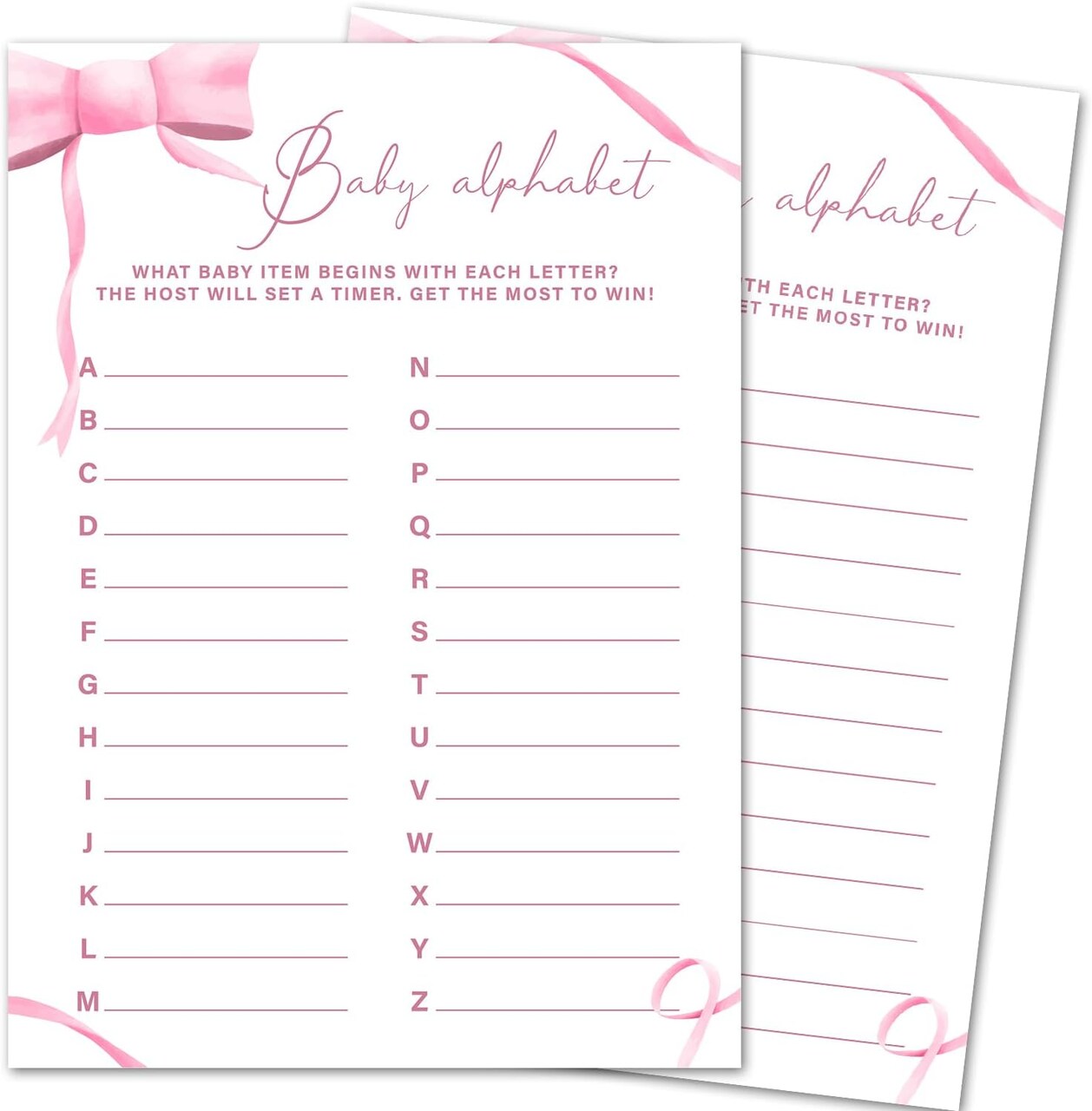 Baby Alphabet Games, Pink Bow Baby Shower Games Activity Gender Reveal Party Supplies, 30 Double-Sided Game Cards (5x7)